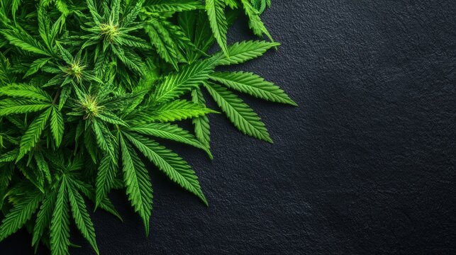 Vivid green cannabis leaves contrast with the textured dark background, showcasing intricate botanical details.