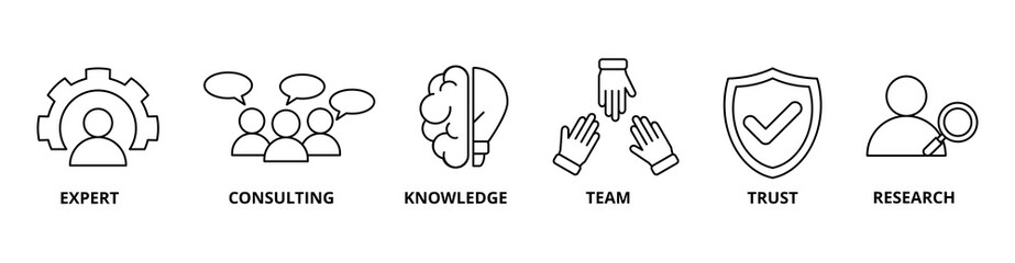  Expertise icon set with expert, consulting, knowledge, team, trust, and research