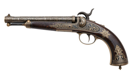 Historic Ottoman Era Albanian Flintlock Pistol with Intricate Filigree Isolated Front Facing on White Background