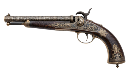 Historic Ottoman Era Albanian Flintlock Pistol with Intricate Filigree Isolated Front Facing on White Background