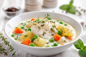 Cod and vegetable chowder in a white bowl garnished with sage and thyme on a white table with ingredients vertical shot