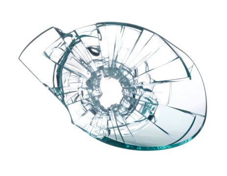 Circular Shattered Glass Element With Multiple Cracks Displaying Sharp Fractures And Light Reflections Against Transparent Background