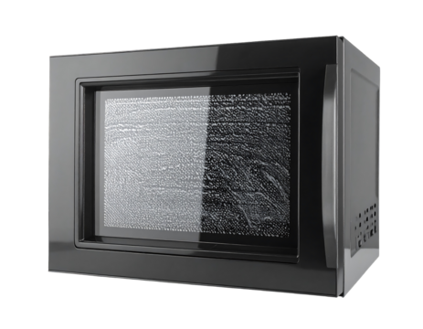 Black Microwave Oven with Static Screen on Transparent Background