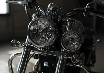 Gleaming Chrome Motorcycle Headlights and Front End Details in Soft Light