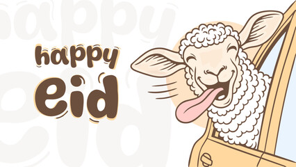Happy Eid cartoon with cheerful sheep sticking head out of car window and tongue out in playful celebration
