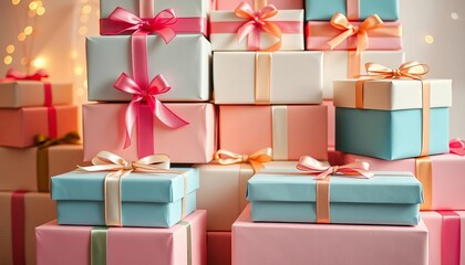 Obraz premium Pastel gift boxes stacked high, tied with ribbons, festive celebration, background, joyful