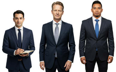 Studio portrait of three diverse professional men of different ages and ethnicities wearing dark suits and ties against a transparent background, one holding a notebook and pen.