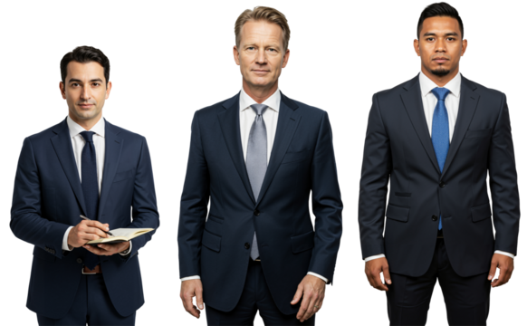 Studio portrait of three diverse professional men of different ages and ethnicities wearing dark suits and ties against a transparent background, one holding a notebook and pen.