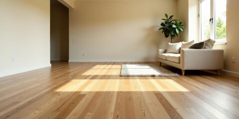 Obraz premium Sunlight streams through a window illuminating a minimalist living space with hardwood floors and a light beige sofa