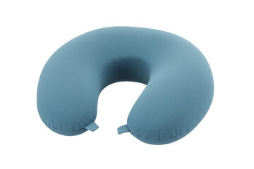 Ergonomic blue neck pillow isolated on transparent background, symbolizing comfort, travel ease, cervical support, and relaxation for long journeys or daily use.