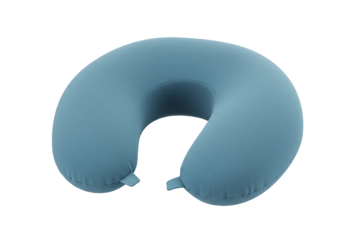 Ergonomic blue neck pillow isolated on transparent background, symbolizing comfort, travel ease, cervical support, and relaxation for long journeys or daily use.