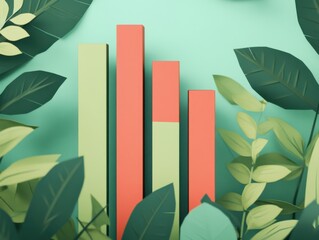 Bar Graph Surrounded by Lush Green Leaves in a Studio Setting Depicting Growth and Sustainability from a Low Angle
