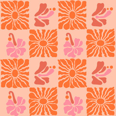 Floral matisse seamless pattern with hibiscus flowers and sun. Tile background in groovy 60s 70s vibes. © mila_okie