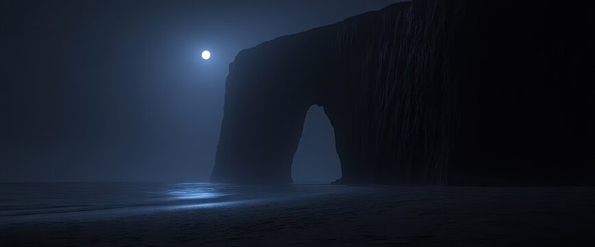 Moonlit beach scene with large rock formation archway and gentle waves in deep blue - Powered by Adobe