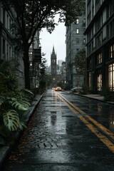 Rainy City Street: Cobblestone Lane, Gothic Church, Moody Atmosphere