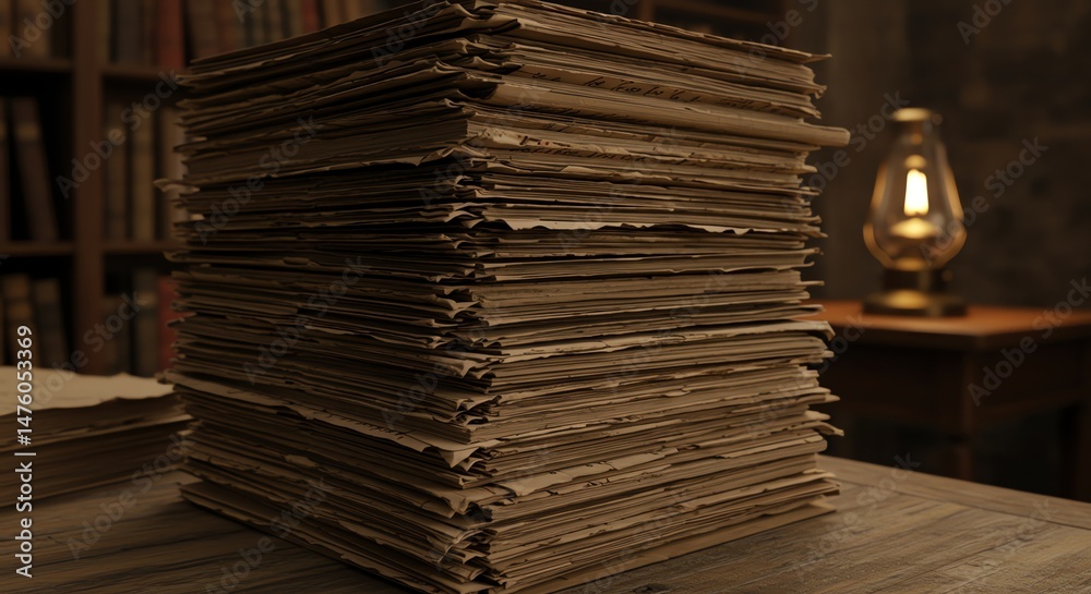 Fototapete Stack of Papers in a Library Setting