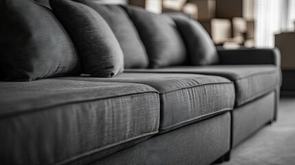 Close-up view of a modern gray sectional couch.