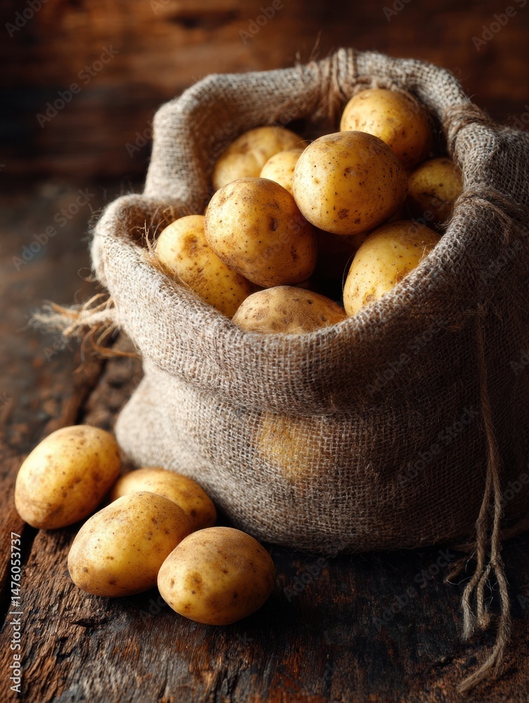 Poster fresh potatoes in burlap sack placed on rustic wooden floor with natural light shining from above