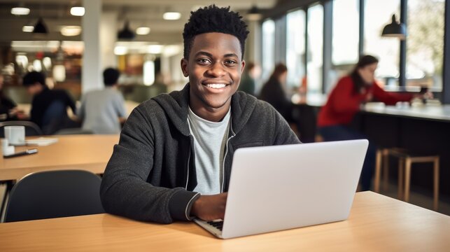 A young man wearing a gray hoodie and white t-shirt, sitting at a wooden table in a modern, well-lit cafe with a laptop on his lap, smiling warmly.