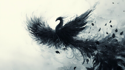 Obraz premium An ancient black phoenix rising proudly, its feathery plumes flowing in the air, surrounded by nothing but clean, endless white. [Cursed Menagerie] | Voidplume Rise | null feather. Illustration