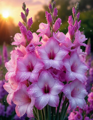 Pink gladiolus flowers in sunlight with morning dew and vibrant green background