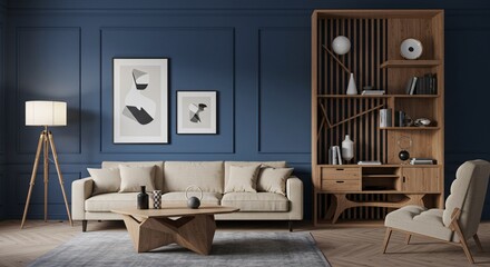 Obraz premium Modern Living Room Interior Design with Brown Leather Chair, Beige Sofa and Wooden Wall Panels - 3D Illustration 