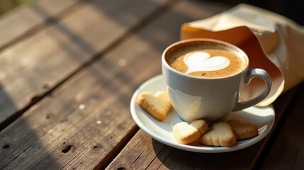 Aromatic coffee with heart-shaped latte art, served with delicate heart-shaped cookies on rustic wooden surface, bathed in warm sunlight.