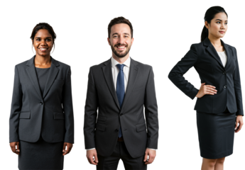 Three Professionals in Formal Business Attire: Diverse Group Featuring a South Asian Woman, a Middle-Eastern Man, and a Hispanic Woman, Ideal for Workplace Representation