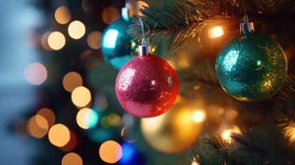 A colorful Christmas tree with glittering ornaments and twinkling lights.