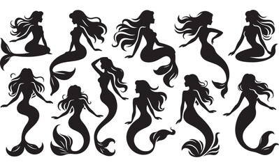 Obraz premium Mermaid Silhouettes Vector Set – Elegant Mermaid Poses for Fantasy Designs, Ocean-Themed Artwork, Tattoos, Marine Illustrations, and Aquatic Concepts.