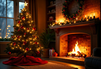 christmas tree in front of fireplace