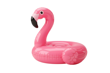 Flamingo print pink pool inflatable flamingo isolated on transparent background, symbolizing summer fun, relaxation, and vibrant poolside accessories, perfect for vacation and leisure visuals.