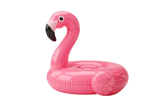 Flamingo print pink pool inflatable flamingo isolated on transparent background, symbolizing summer fun, relaxation, and vibrant poolside accessories, perfect for vacation and leisure visuals.