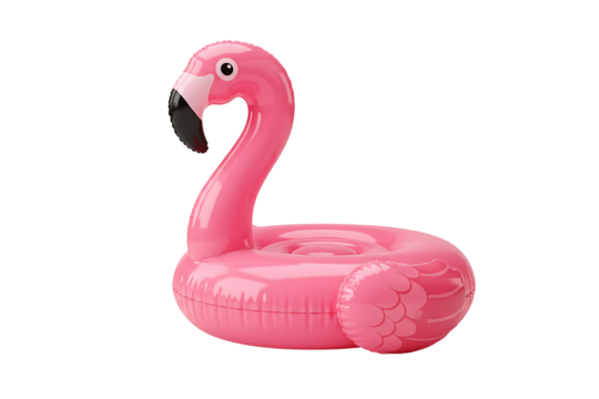 Flamingo print pink pool inflatable flamingo isolated on transparent background, symbolizing summer fun, relaxation, and vibrant poolside accessories, perfect for vacation and leisure visuals.