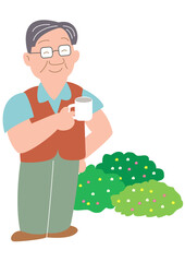 野外でコーヒーカップを持つお父さん
