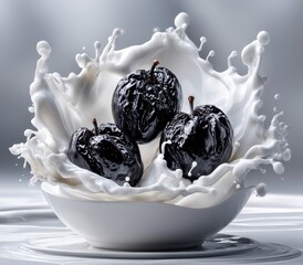 Three Glossy Black Apples Splashing in Fresh Milk with Dynamic White Liquid Surrounding on a Soft Blurred Background