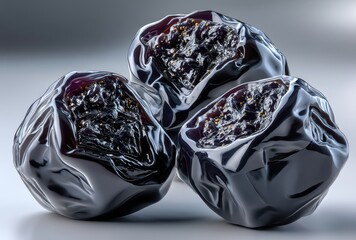 Three shiny dried plums on a smooth surface showcasing rich details and textures, ideal for health and culinary concepts, food photography, and more.