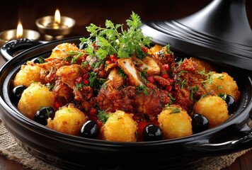 Traditional dish featuring juicy chicken with spices, garnished with fresh herbs and served with golden potato balls on a rustic table setting