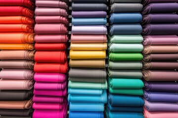 Colorful fabric rolls neatly stacked