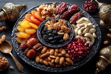 Traditional Middle Eastern Dessert Platter with Dried Fruits, Nuts, and Pomegranate Seeds on a Dark Surface, Beautifully Arranged for a Festive Occasion