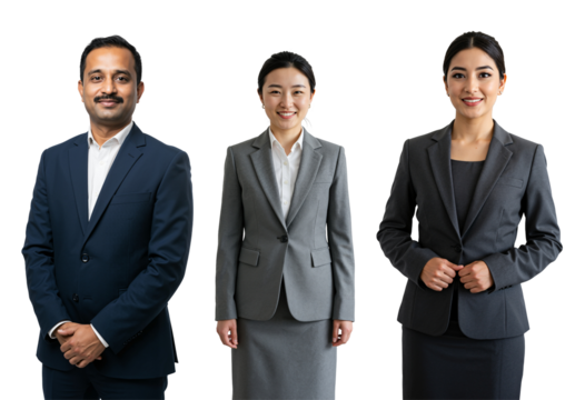 Diverse Group of Professionals in Business Attire Standing Together Against a transparent background, Featuring South Asian Male and East Asian Female Individuals
