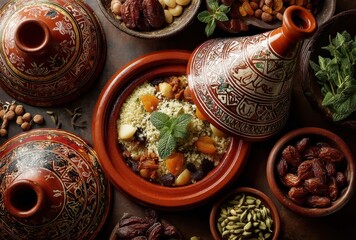 Traditional Moroccan Cuisine with Colorful Tagines, Couscous, Dried Fruits, Nuts, and Fresh Mint for Authentic Culinary Experiences