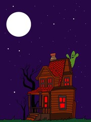 ilustrasi penampakan rumah pada malam halloween. wallpeper dan latar belakang