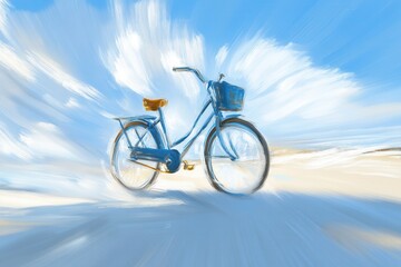 Obraz premium A vibrant blue bicycle in motion against a bright sky, evoking a sense of freedom and adventure