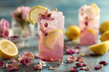 Detailed view of Rose Italian Soda with lemon and rose petals on a table Summer Drink or Tropical Non Alcoholic Beverage