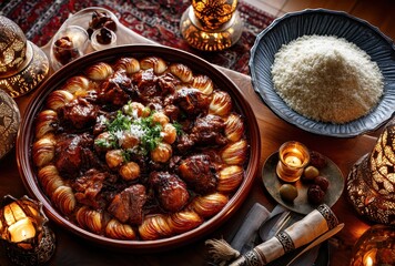 Traditional Moroccan Tagine Dish with Tender Meat, Vegetables, and Fragrant Spices Served with Aromatic Couscous on a Beautifully Decorated Table