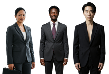 Three Business Professionals in Formal Attire Against a transparent background: Asian Woman, Black Man, and Male with Unbuttoned Suit, Representing Diversity in the Workplace
