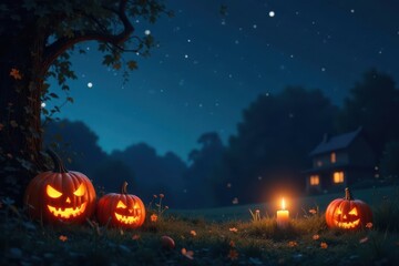 Enchanted Autumn Night Scene with Jack-o'-lanterns and a Glowing Candle near a Cozy House