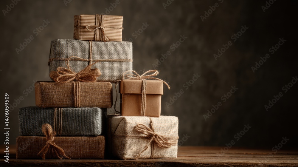 Aufkleber Wrapped Gift Boxes Stacked Together With a Spotlight on One Side in an Open Space Creating a Festive Atmosphere
