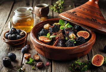 Traditional Moroccan Tagine with Figs, Dates, and Dried Fruits on Rustic Wooden Table with Honey and Fresh Mint